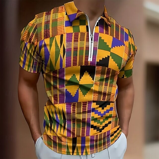 Men's Abstract Geometry Zip Polo Short Sleeve Turndown Modern Casual / Sporty Sports & Outdoor Athleisure Casual Daily 3D Print Summer Yellow4