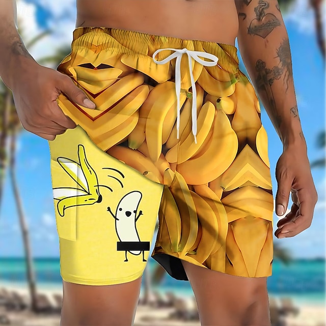  Bărbați Amuzant Banană Pantaloni scurți căptușiți Pantaloni scurți de baie 2 în 1 Pantaloni Scurți de Înot Talie medie Hawaiană Vacanță Concediu Costum de plajă Buzunare laterale Cu căptușeală de