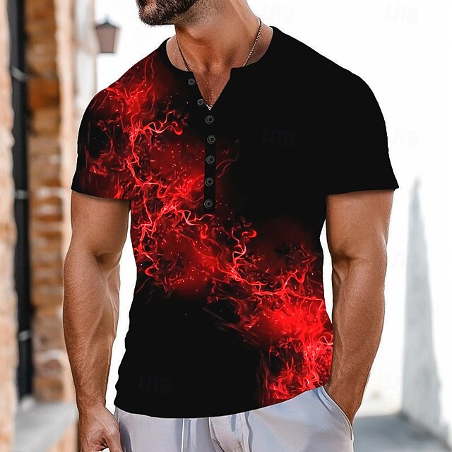 Men's Geometric Pattern Flame T Shirt Henley Shirt Short Sleeve Sports Fashion Designer Outdoor Street Casual Summer Black Henley Henley T-Shirt4
