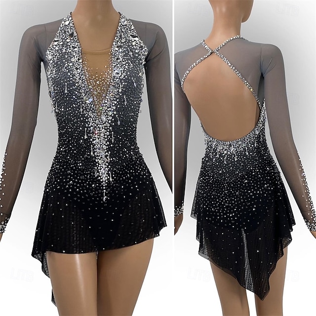  Vestidos para Patinação Artística Mulheres Para Meninas Patinação no Gelo Vestidos Preto Patchwork Sem costas Com Transparência Elasticidade Alta Treino Competição Roupa para Patinação Clássico