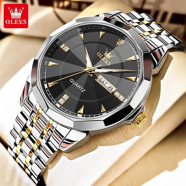  OLEVS 9977 Men's Top Luxury Brand Quartz Watch, Fashion Business, Stainless Steel, Date Week, Diamond Scale, Waterproof