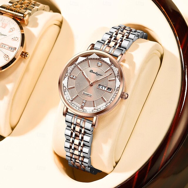  Women Quartz Watch Wrist Watch Retro Vintage Rhinestone Wristwatch Luminous Calendar Date Week Waterproof Stainless Steel Watch