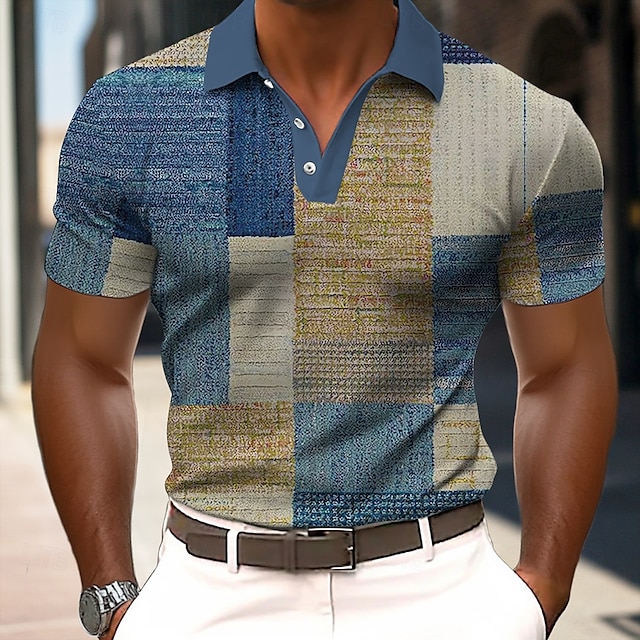  Men's Color Block Polo Short Sleeve Polo Shirts Collared Shirts Casual Outdoor Athleisure Daily Wear 3D Print Summer Blue Purple Green