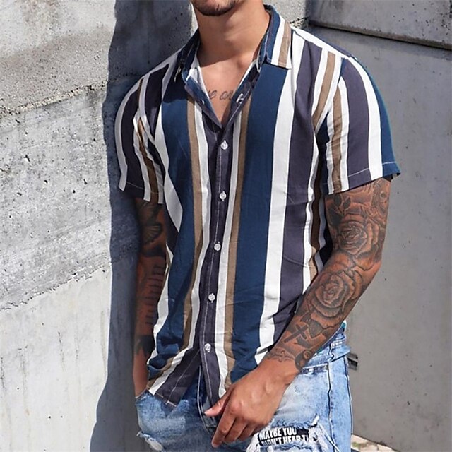 Men's Shirt Summer Shirt Casual Shirt Beach Shirt Button Up Shirt grey blue Short Sleeve Stripes Lapel Vacation Hawaiian Clothing Apparel Polyester Fashion Casual Comfortable2