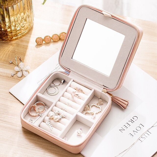  Boîte à bijoux de voyage avec miroir, étui de rangement portable en cuir PU, boîte à bijoux multifonctionnelle pour boucles d'oreilles, bagues, colliers et accessoires