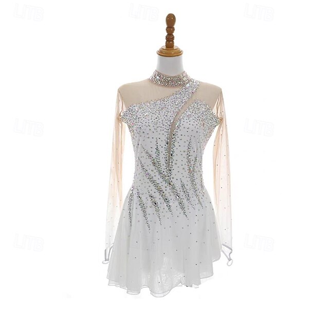  Figure Skating Dress Women's Girls' Ice Skating Dress White Patchwork Thumbhole Mesh Spandex Stretchy Training Practice Professional Skating Wear Thermal Warm Crystal / Rhinestone Long Sleeve Ice
