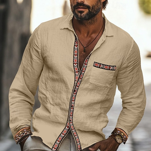  Per uomo Camicia Camicia di lino Camicia Estiva Camicia da Spiaggia Camicia con Bottoni Camicie retrò Tinta unica Vacanza Ferie Cachi Manica Lunga Collo ripiegato Estate Abbigliamento Patchwork