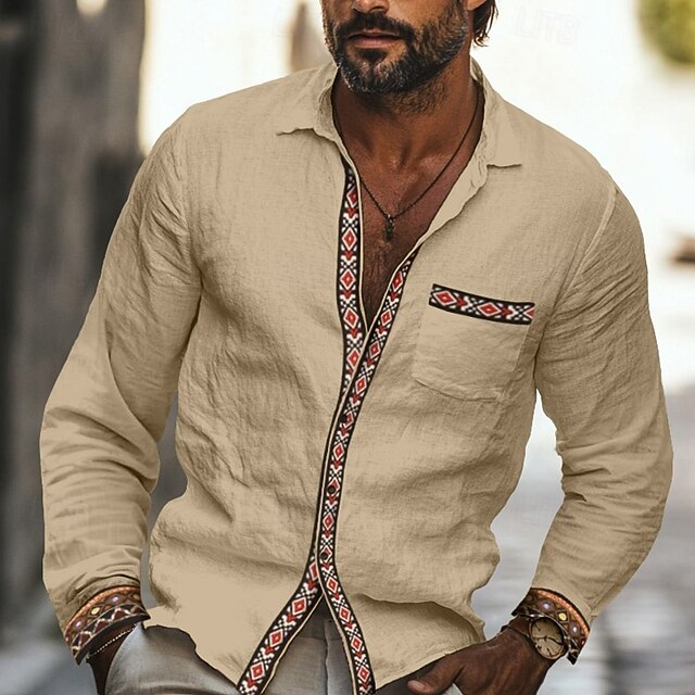 Men's Shirt Linen Shirt Summer Shirt Beach Shirt Button Up Shirt Retro Shirts Solid Color Vacation Holiday Khaki Long Sleeve Turndown Summer Clothing Apparel Patchwork4