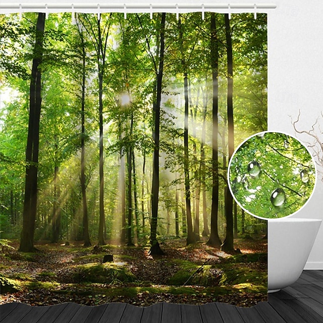 Shower Curtain with Hooks 180cm*180cm(70"*70") Polyester Washable Waterproof Sunshine Forest Landscape Pattern 14