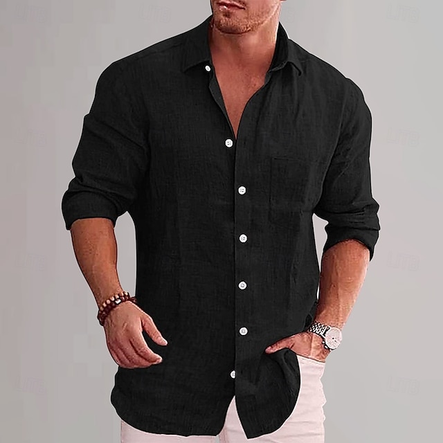  Per uomo Camicia in cotone e lino Semplice Vacanza Nero Bianco Vino Azzurro cielo Manica Lunga Bavero Abbigliamento