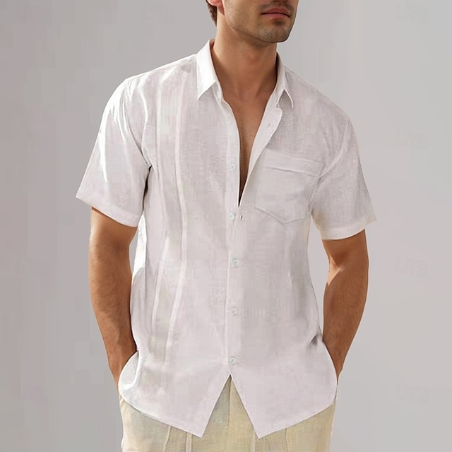  Per uomo Camicia in cotone e lino Semplice Vacanza Nero Bianco Blu marino scuro Blu Manica Corta Collo ripiegato Estate Abbigliamento