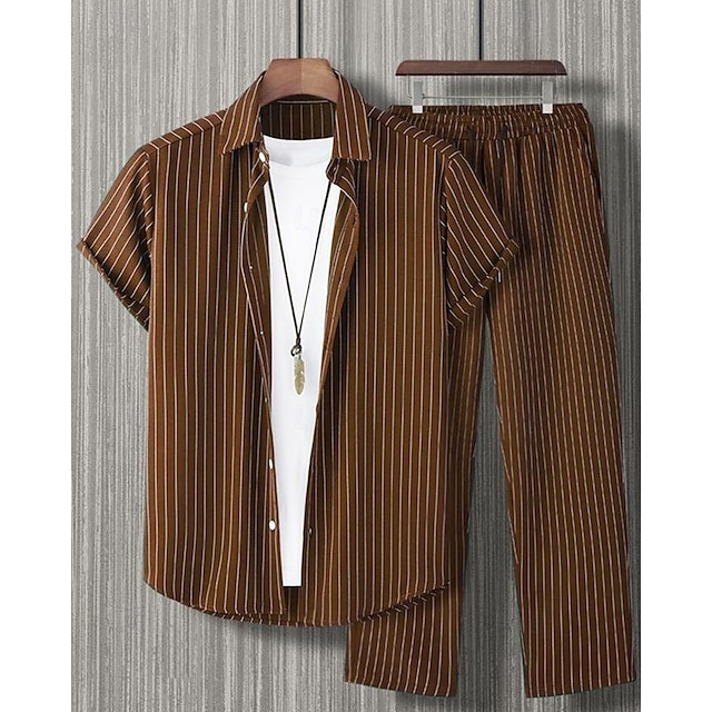 Men's Shirt Set T-shirt Suits 2 Pieces Outfits Tee & Shorts Short Sleeve Shirt Collar Summer Stripes Fashion Casual 2 Piece Vacation Daily Wear Going out Black Red Brown Top Tee for Men