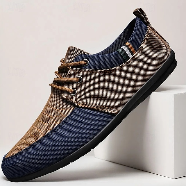  sapatos masculinos casuais com cadarço em bege e azul marinho, design exclusivo em tecido, perfeitos para o estilo e conforto do dia a dia