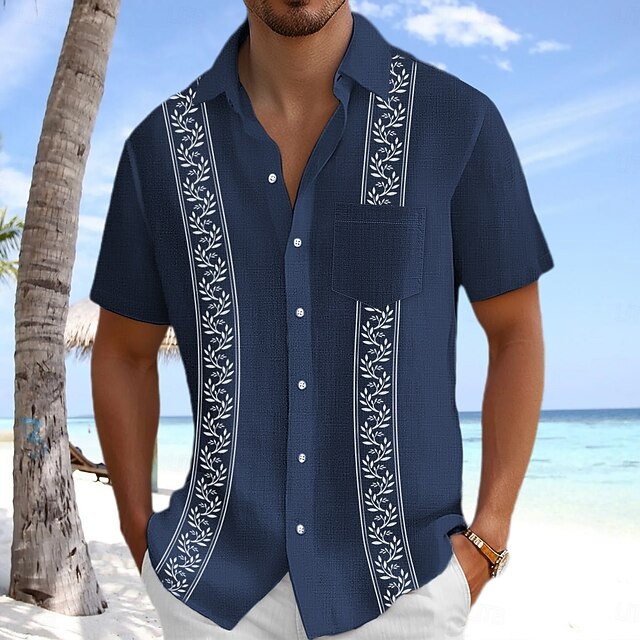 Men's Linen Shirt Guayabera Shirt Beach Wear Button Up Shirt Trees / Leaves Vacation Casual Navy Blue Short Sleeve Turndown Summer Spring Clothing Apparel4