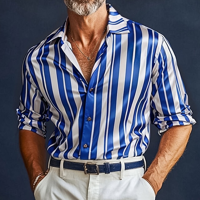  Herren Hemd Satinhemd Gestreiftes Hemd Freizeithemd Knopfhemd Vertikale Streifen Hochzeit Urlaub Blau Langarm Kragen Frühling & Herbst Bekleidung