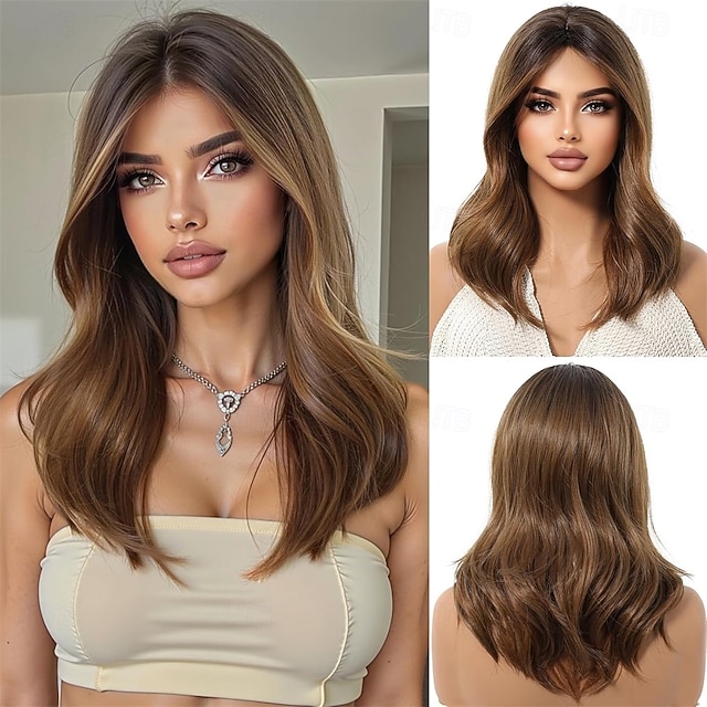  Perruque marron ombré pour femme avec frange rideau, cheveux synthétiques bouclés naturels de longueur moyenne, résistants à la chaleur, pour un usage quotidien, pour un cosplay ou une fête