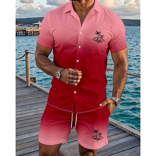 Men's Shirt Suits T-shirt Suits 2 Pieces Outfits Tee & Shorts Short Sleeve Shirt Collar Summer Tropical Flowers Fashion Casual 2 Piece Vacation Daily Wear Going out Red Green Top Tee for Men3