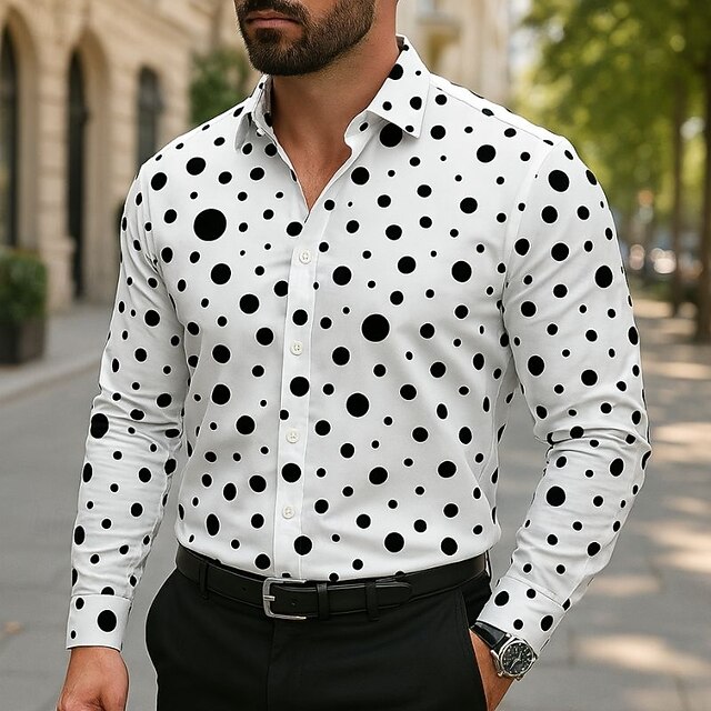 Men's Summer Shirt Casual Shirt Beach Shirt Button Up Shirt Black White Long Sleeve Polka Dot Lapel Vacation Hawaiian Button-Down Clothing Apparel Polyester Fashion Casual Comfortable4