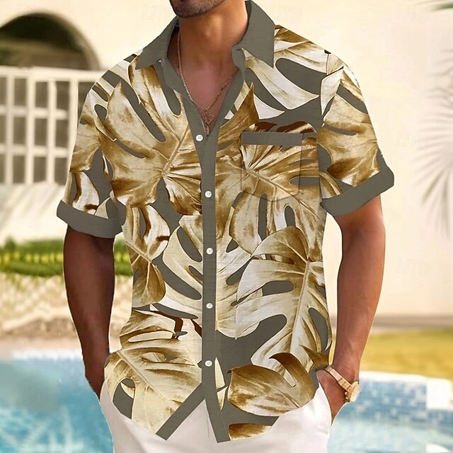 Men's Palm Leaf Tropical Plants Shirt Summer Hawaiian Shirt Button Up Shirt Short Sleeve Hawaiian Vacation Holiday Beach Wear Summer Spring Turndown 3D Print Collared Shirts Front One Pocket Gray4
