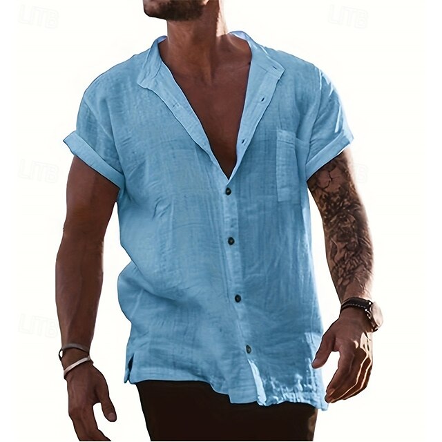 Men's Shirt Summer Shirt Casual Shirt Beach Shirt Button Up Shirt White Sky Blue Gray Short Sleeve Plain Stand Collar Vacation Hawaiian Clothing Apparel Fashion Casual Comfortable4