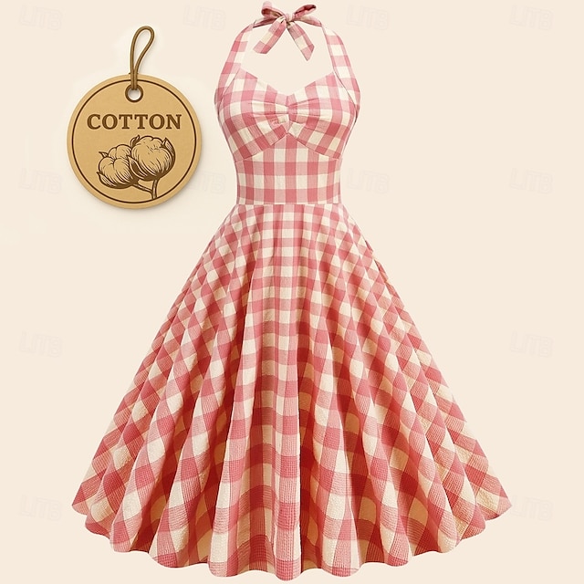  Retro Vintage 1950er Rockabilly Swing-Kleid Kariert Vichy-Karo A-Linie Neckholder Kostüm Damen Junggesellinnenabschiedsparty Erwachsene Kleid Abschlussballkleider Frühling & Sommer