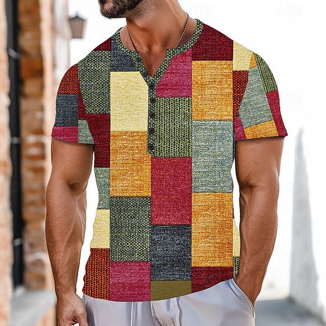 Men's Faux Patchwork Pattern T Shirt Henley Shirt Short Sleeve Sports Fashion Designer Outdoor Street Casual Summer Pink Orange Henley Henley T-Shirt4