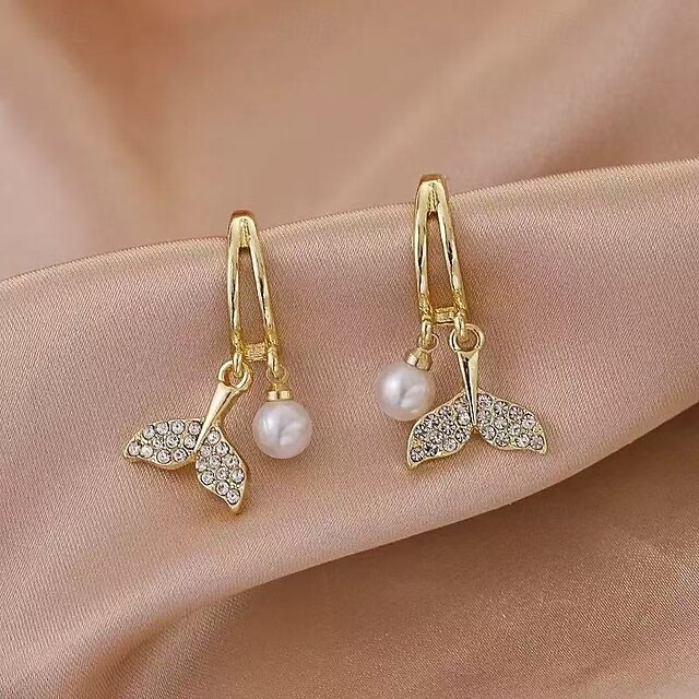  Boucles d'oreilles rétro en forme de queue de poisson avec perles en zircon, personnalité, tempérament simple, élégantes, boucles d'oreilles féeriques