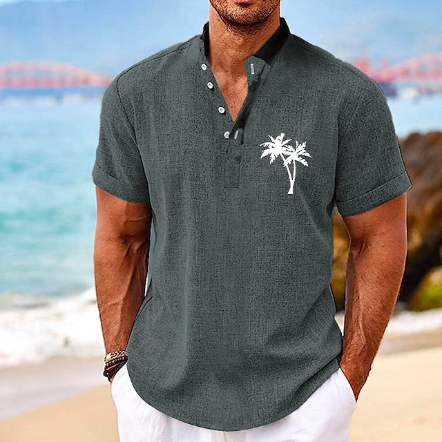 Men's Shirt Linen Shirt Beach Shirt Coconut Tree Outdoor Vacation Black Green Khaki Gray Short Sleeve Stand Collar Summer Spring Clothing Apparel Print 7