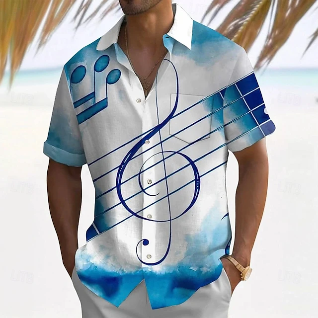 Men's Boardmasters Guitar Musical Notes Shirt Summer Shirt Button Up Shirt Short Sleeve Fashion Casual Outdoor Vacation Dailywear Summer Spring Turndown 3D Print Collared Shirts Front One Pocket Blue4