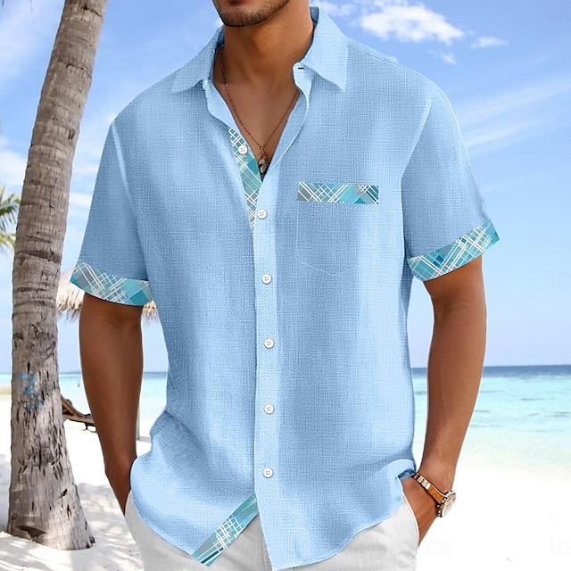  Voor heren Overhemd Linnen overhemd Zomer overhemd Strand Kleding Overhemd met knopen Effen Kleur Vakantie Curise Wit Blozend Roze Marineblauw Licht Blauw Korte mouw Kraag Zomer Lente zomer Kleding
