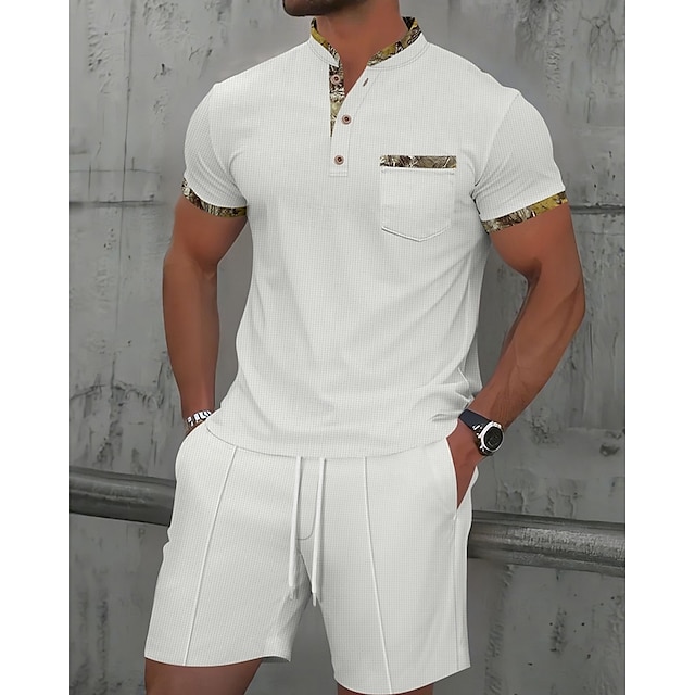  Men's Waffle Shirt T-shirt Suits 2 Pieces Outfits Tee & Shorts Short Sleeve Standing Collar Summer Color Block Fashion Casual 2 Piece Front Pocket Vacation Daily Wear Going out Black White Royal Blue