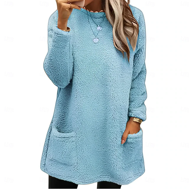 Women's Sweatshirt Casual Sherpa Plain Dailywear Crew Neck Pocket Long Sleeve Pink Blue Green Gray Fall Winter 5