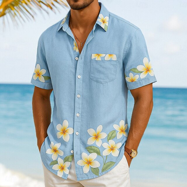 Men's Linen Shirt Beach Wear Summer Hawaiian Shirt Button Up Shirt Aloha Shirt Hawaii Vacation Casual Blue Short Sleeve Turndown Summer Spring Clothing Apparel Floral4