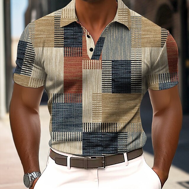 Men's Color Block Polo Short Sleeve Polo Shirts Collared Shirts Business Casual School Outdoor Athleisure Daily Wear 3D Print Summer Brown4