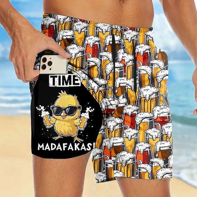  男性用 おかしい ビール あひる 裏地付きショートパンツ 2 in 1 スイムショーツ スイムショーツ ミディアムウエスト ハワイアン バケーション 祝日 ビーチウェア サイドポケット コンプレッションライナー付き 伸縮性のあるドローストリングウエスト デザイナー 衣類