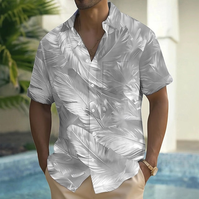  Herre Blænd farve Tropisk blad Skjorte Hawaii skjorte Button Up skjorte Kortærmet Hawaiiansk Ferierejse Ferie Strand Tøj Sommer Forår Aftæpning 3D-udskrivning krave skjorter Forreste en lomme Lyserød