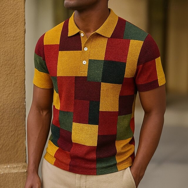 Men's Color Block Waffle Polo Shirts Short Sleeve Polo Shirts Collared Shirts Business Casual Business Athleisure Daily Wear Buttons 3D Print Summer Yellow4