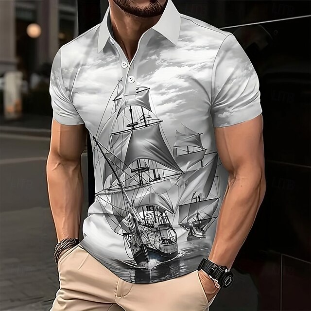 Men's Ship Polo Short Sleeve Polo Shirts Collared Shirts Vintage Outdoor Athleisure Daily Wear 3D Print Summer Gray4