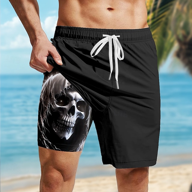  Men's Skull Dark Gothic Lined Shorts 2 in 1 Board Shorts Swim Shorts Mid Waist Hawaiian Retro Vintage Holiday Beach Wear Side Pockets With Compression Liner Elastic Drawstring Waist Designer Clothing
