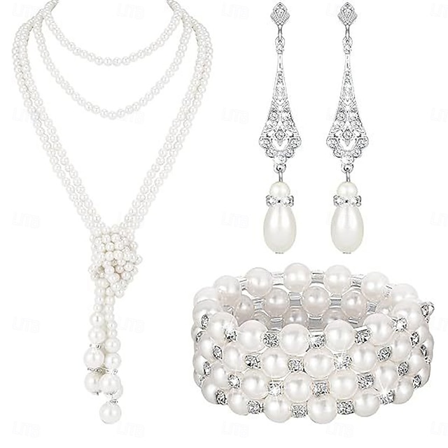 Ensemble de boucles d'oreilles et collier avec pendentif en perles, style rétro français élégant et léger