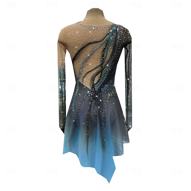 Women's Girls' Ice Dark Blue Thumbhole Halo Dyeing High Elasticity Skating Wear Thermal Warm Ice Figure Skating Dress