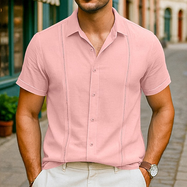  Men's Shirt Linen Shirt Summer Shirt Beach Shirt Summer Hawaiian Shirt Solid Color Vacation Street White Pink Light Blue Short Sleeve Collar Summer Spring & Summer Clothing Apparel Patchwork