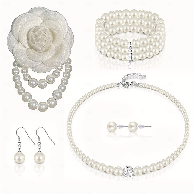  Conjuntos de joias de noiva 1 Imitação de Pérola 1 Bracelete Brincos Colares Mulheres Elegante à moda Luxo Fofo Geométrico Alegria Forma Geométrica Conjunto de jóias Para Traje de festa para noite