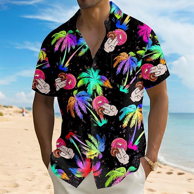 Men's Coconut Tree Funny Donuts Shirt Summer Hawaiian Shirt Button Up Shirt Short Sleeve Hawaiian Vacation Holiday Beach Wear Summer Turndown 3D Print Front One Pocket Linen Like Shirt Black4