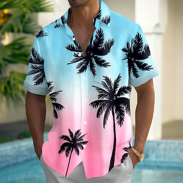  Herr Kokosnötsträd Gradientfärg Skjorta Hawaii skjorta Knapp upp skjorta Kortärmad Hawaiisk Semester Helgdag Standkläder Sommar Vår Nedvikt 3D-utskrift krage skjortor Främre en ficka Blå