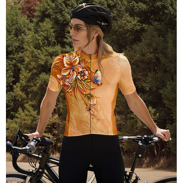  Damen Radtrikot Kurzarm Fahhrad Trikot Oberteil mit 3 Gesäßtaschen Atmungsaktiv Schnelltrocknend Feuchtigkeitsableitend Reflektierende Streifen Orange Sport Bekleidung