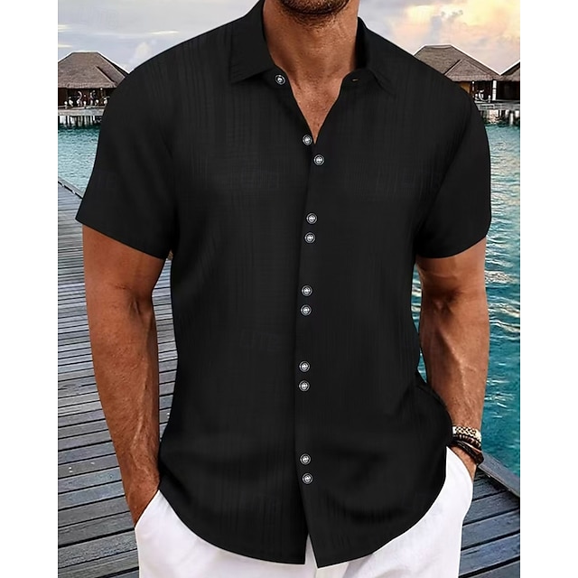  Voor heren Overhemd Zomer overhemd Normaal shirt Strand hemd Overhemd met knopen Zwart Wit Marineblauw Hemelsblauw khaki Korte mouw Effen Revers Vakantie Hawaii Knop Kleding Polyester Modieus Casual