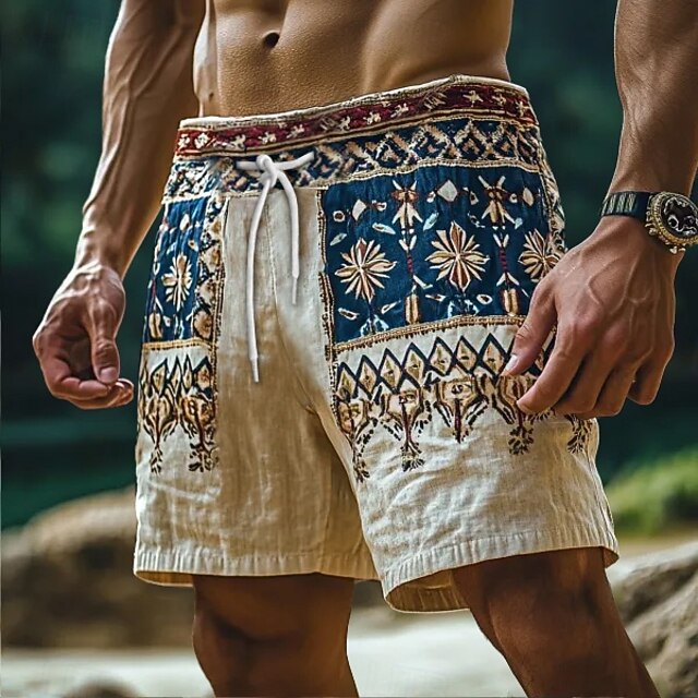 Men's Shorts Linen Shorts Summer Shorts Beach Shorts Drawstring Elastic Waist Straight Leg Plain Comfort Breathable Knee Length Outdoor Daily Holiday Vacation Ethnic Style Khaki4