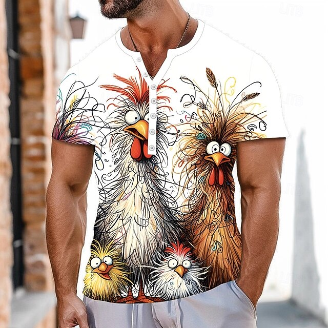 Men's Animal Patterned Chick T Shirt Henley Shirt Short Sleeve Sports Fashion Designer Outdoor Street Casual Summer White Henley Henley T-Shirt4