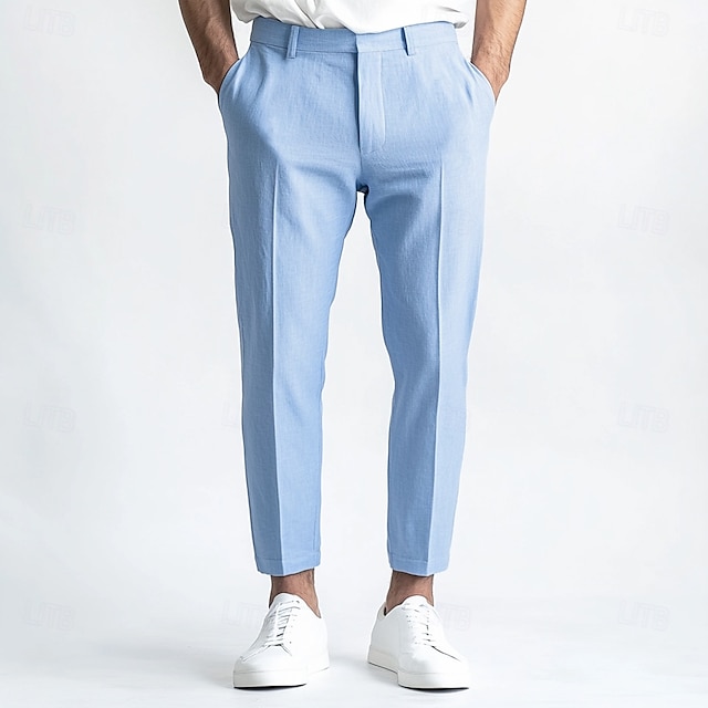  heren linnen broek nette broek zomerbroek recht pijp effen ademend casual dagelijks standaard pasvorm zwart wit blauw